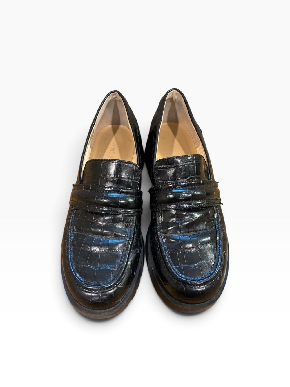Black Garren Crocodile Embossed Penny Loafers Glossy Size 7M Lug Sole Y2K